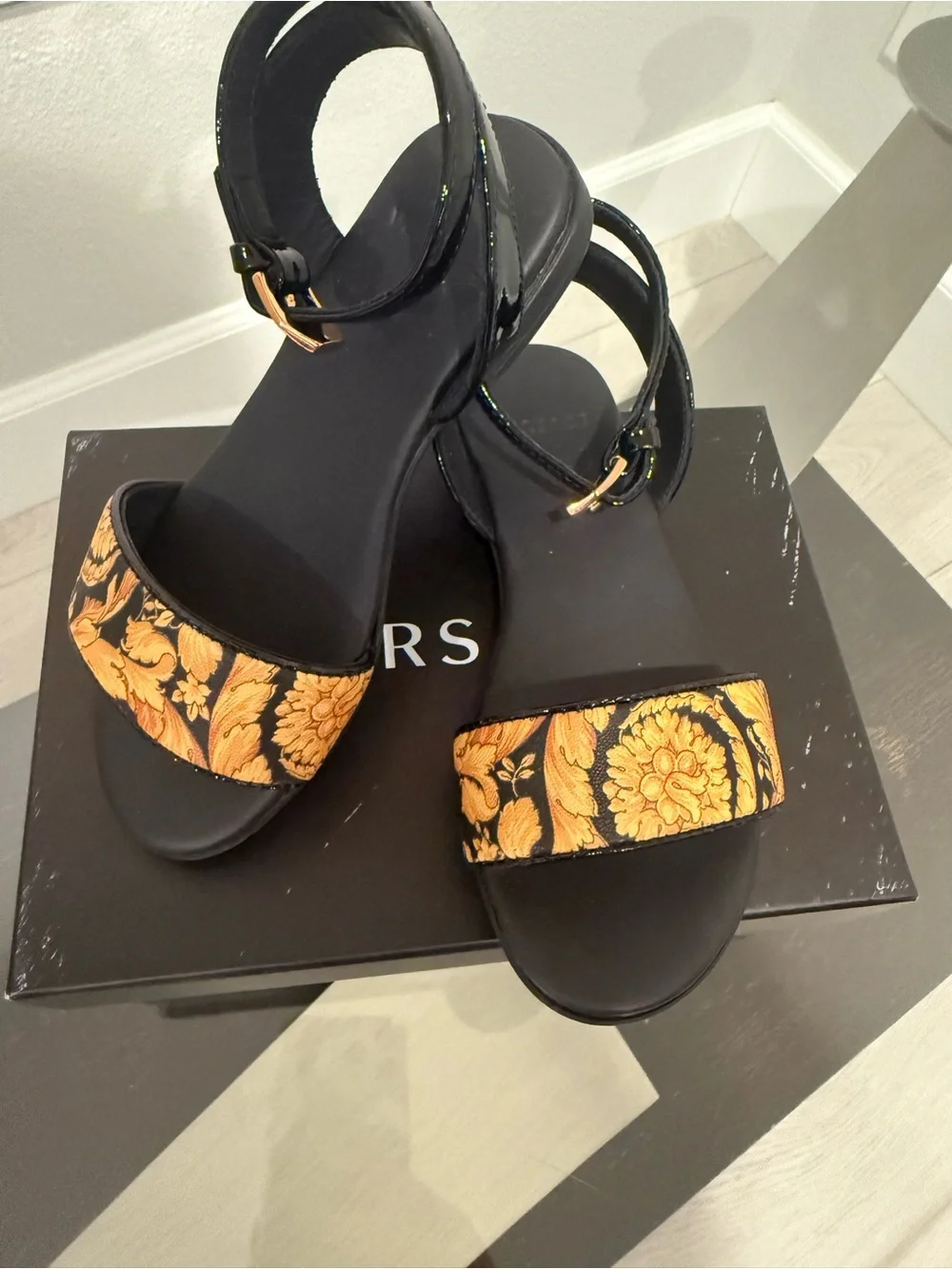 Black Sandals with Gold Floral Strap - Girls size 10-10.5